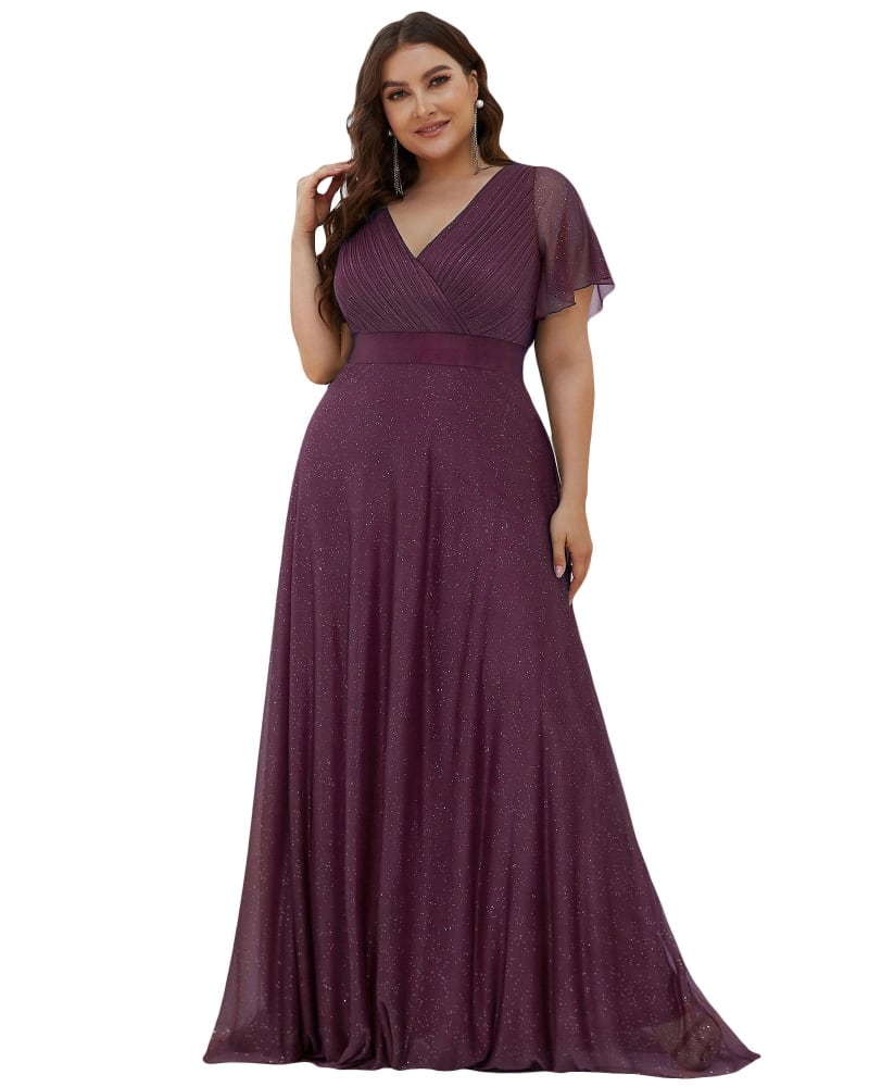 Front of a model wearing a size 24 Short Sleeve V-Neck Ribbon Waist A-Line Evening Dress in Dark Purple by Ever-Pretty. | dia_product_style_image_id:283663